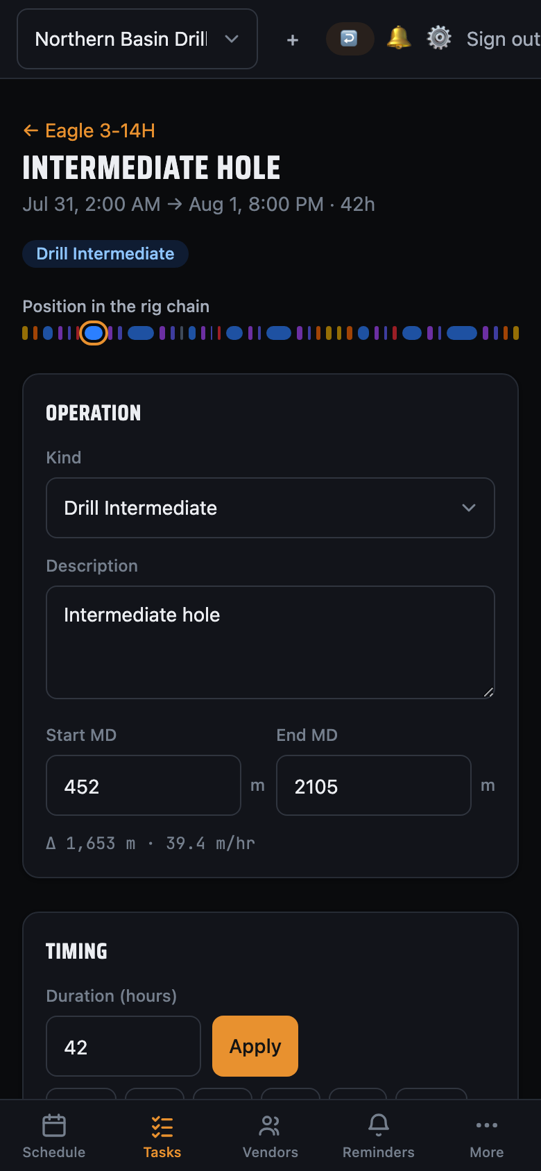 LookAhead Pro on a phone — the Drill Surface operation editor with its position in the rig chain, measured-depth fields and a pace hint.