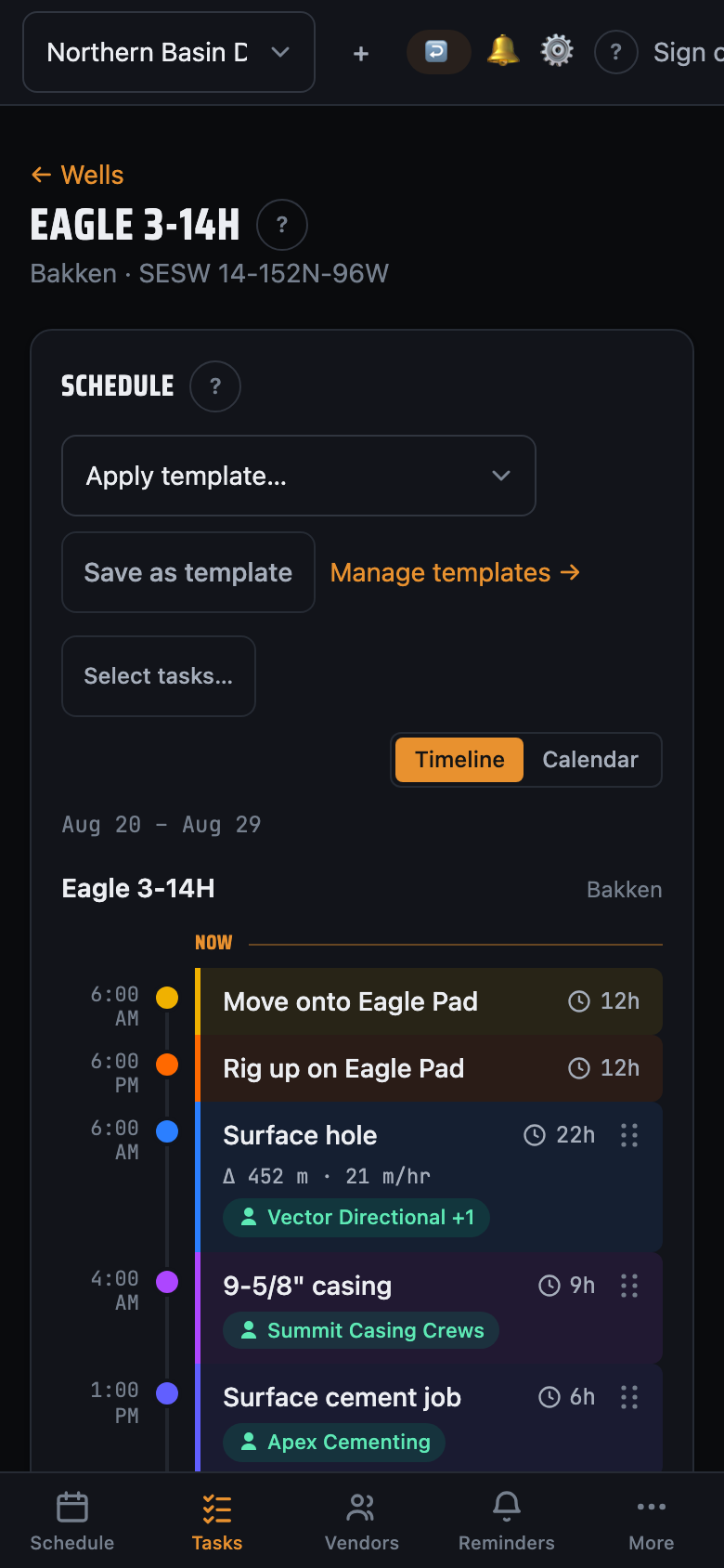 A well's schedule on a phone as a vertical time-rail: Move onto Eagle Pad, Rig up, Surface hole with depth and rate, casing and cement — each with its start time and vendors