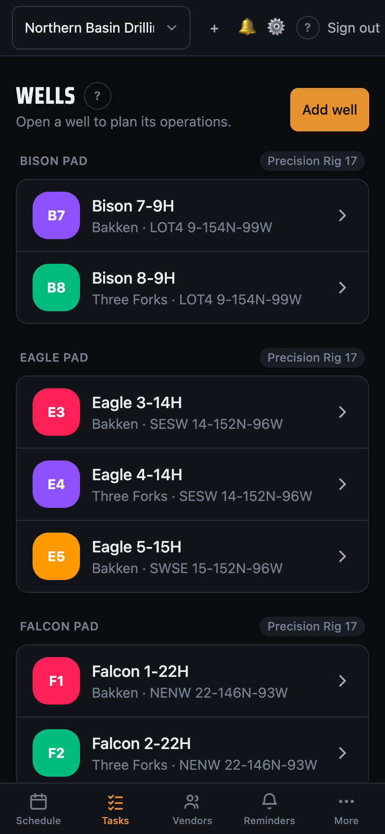 The Wells screen on a phone: wells grouped under Bison Pad, Eagle Pad and Falcon Pad, each pad tagged with Precision Rig 17