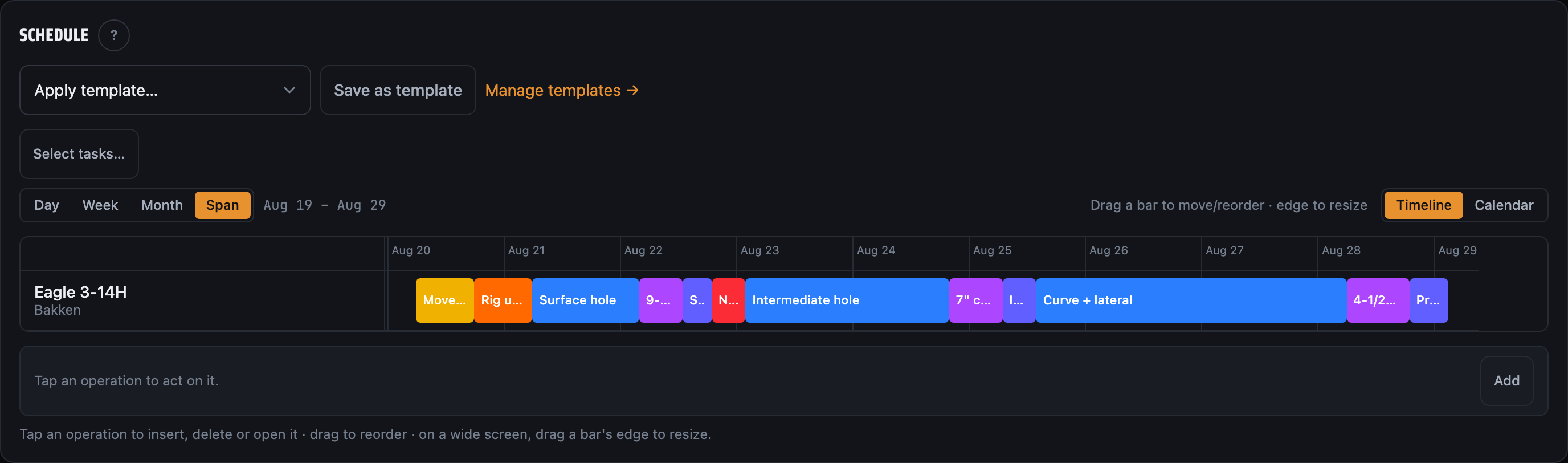 A well's schedule as a Gantt: Move on and Rig up bars, then Surface hole, casing, cement, BOP, Intermediate hole and the rest, packed back-to-back with no gaps