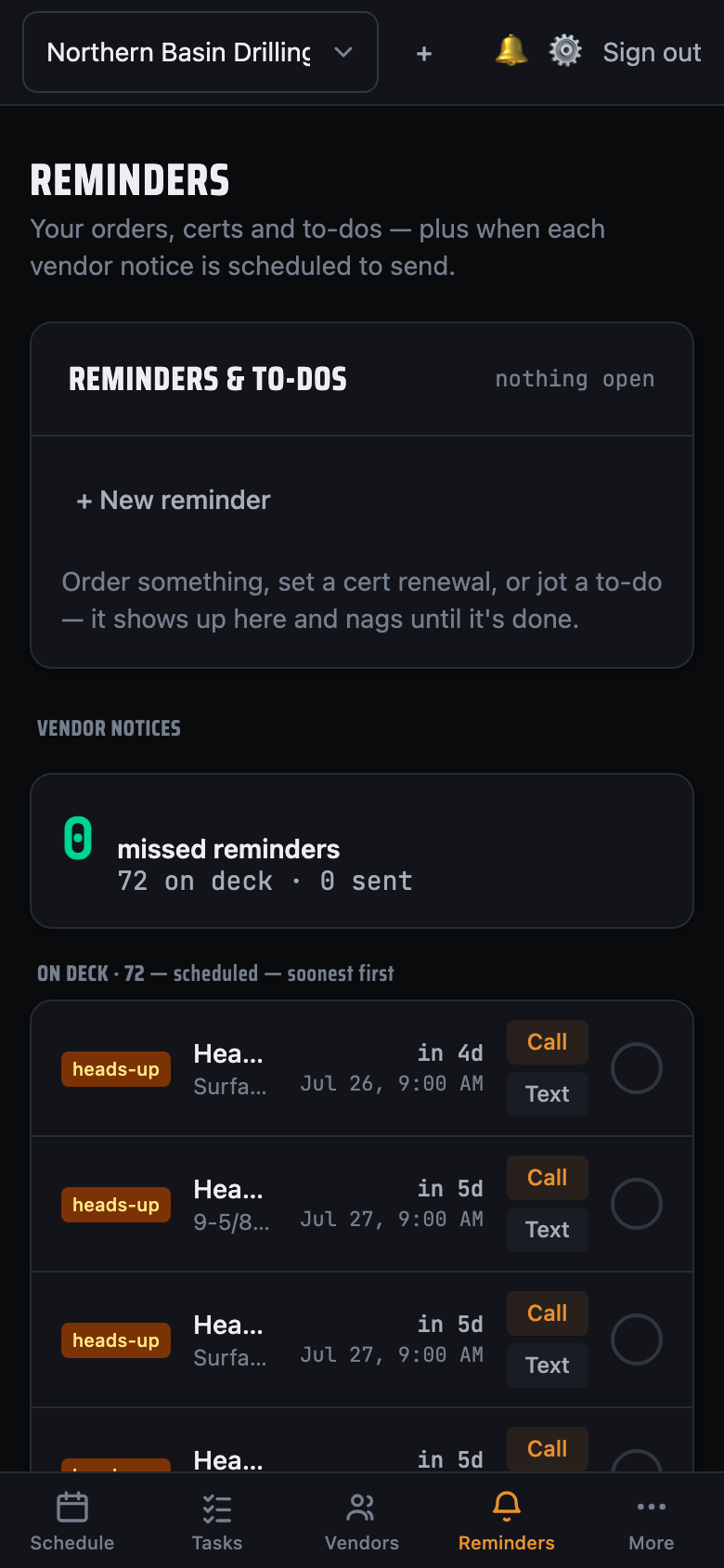 LookAhead Pro on a phone — the in-app reminders list, every upcoming vendor notice with one-tap call and text.