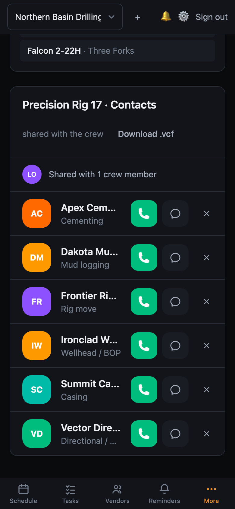 LookAhead Pro on a phone — Precision Rig 17's shared contacts, every vendor with one-tap Call and Text.