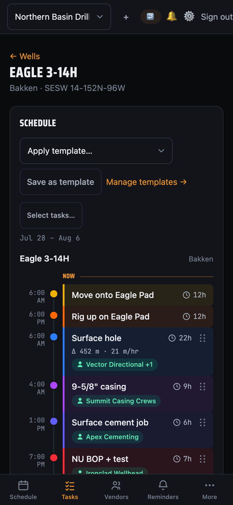 LookAhead Pro on a phone — the Eagle 3-14H schedule as a vertical time-rail, each operation a color-coded card showing duration, depth drilled and rate.